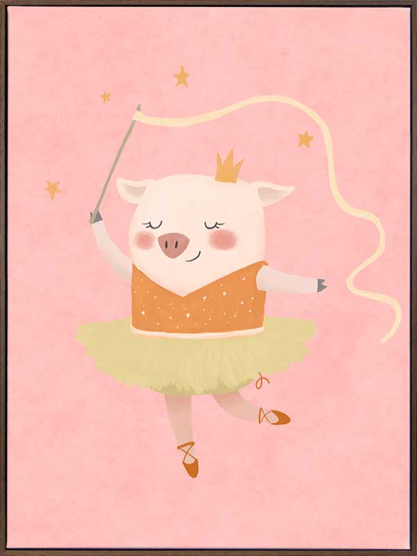A dancing piglet twirling a ribbon in a tutu on a blush pink backdrop, from the Little Tails collection by Urban Road.