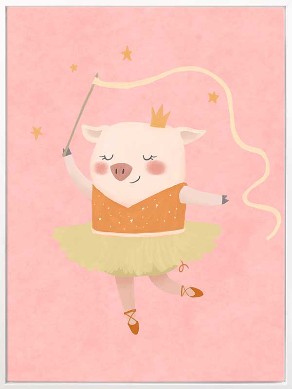 A dancing piglet twirling a ribbon in a tutu on a blush pink backdrop, from the Little Tails collection by Urban Road.