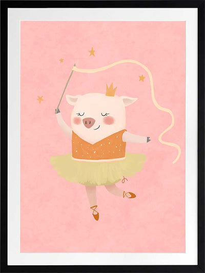 A dancing piglet twirling a ribbon in a tutu on a blush pink backdrop, from the Little Tails collection by Urban Road.