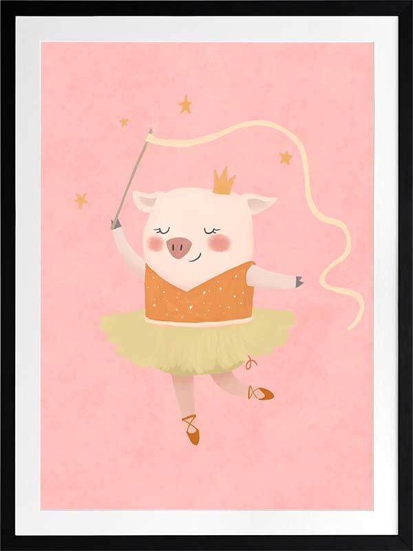 A dancing piglet twirling a ribbon in a tutu on a blush pink backdrop, from the Little Tails collection by Urban Road.