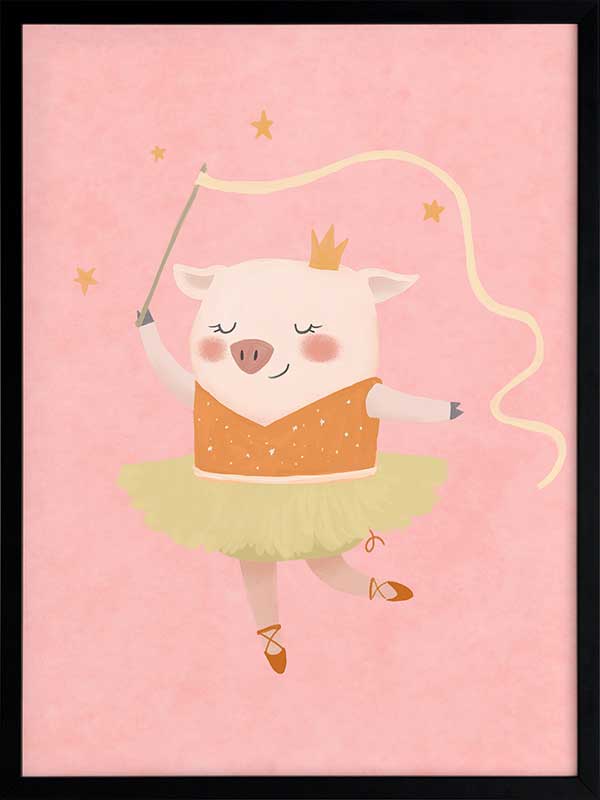 A dancing piglet twirling a ribbon in a tutu on a blush pink backdrop, from the Little Tails collection by Urban Road.