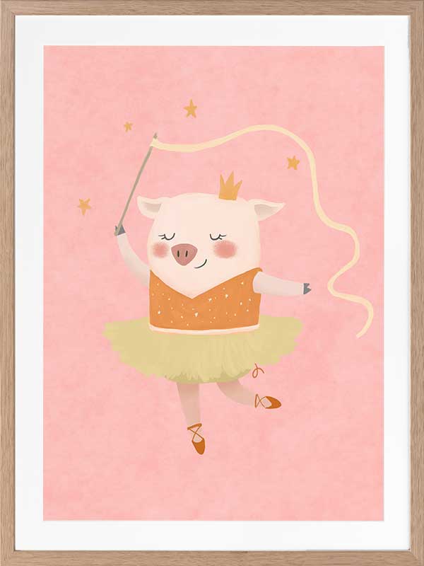 A dancing piglet twirling a ribbon in a tutu on a blush pink backdrop, from the Little Tails collection by Urban Road.