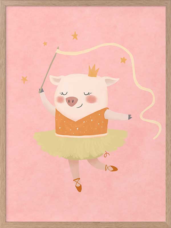A dancing piglet twirling a ribbon in a tutu on a blush pink backdrop, from the Little Tails collection by Urban Road.