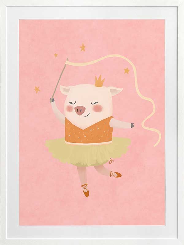 A dancing piglet twirling a ribbon in a tutu on a blush pink backdrop, from the Little Tails collection by Urban Road.