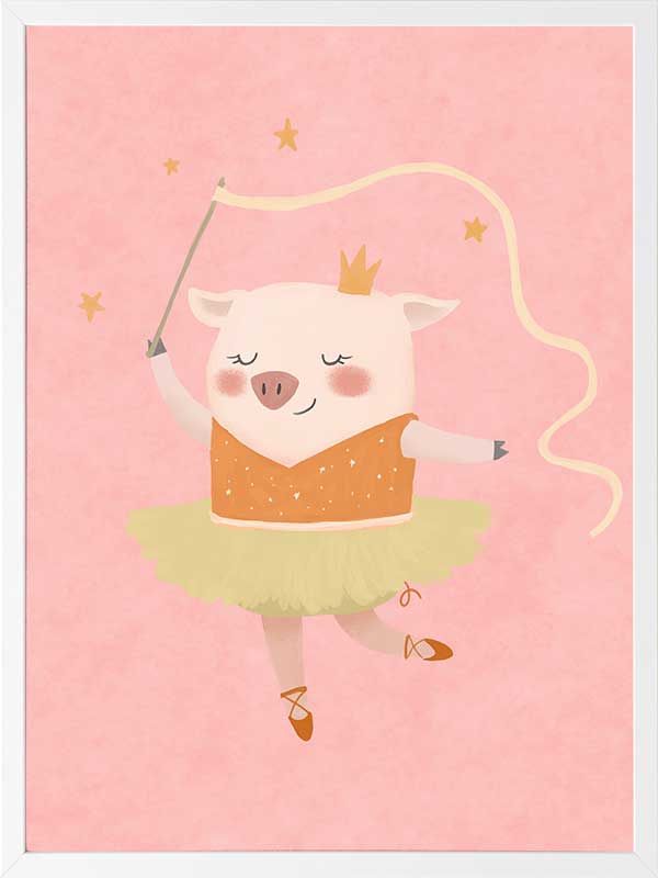 A dancing piglet twirling a ribbon in a tutu on a blush pink backdrop, from the Little Tails collection by Urban Road.