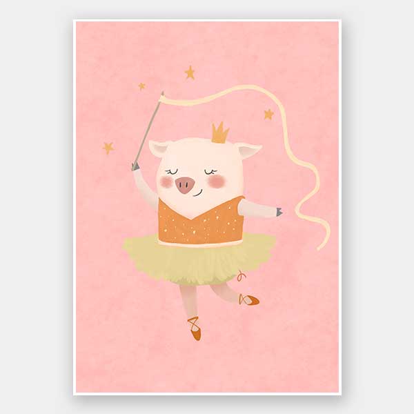 A dancing piglet twirling a ribbon in a tutu on a blush pink backdrop, from the Little Tails collection by Urban Road.