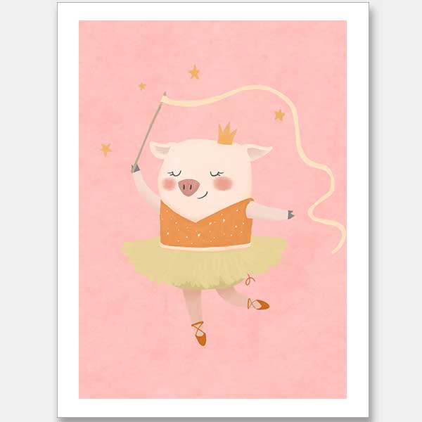 A dancing piglet twirling a ribbon in a tutu on a blush pink backdrop, from the Little Tails collection by Urban Road.