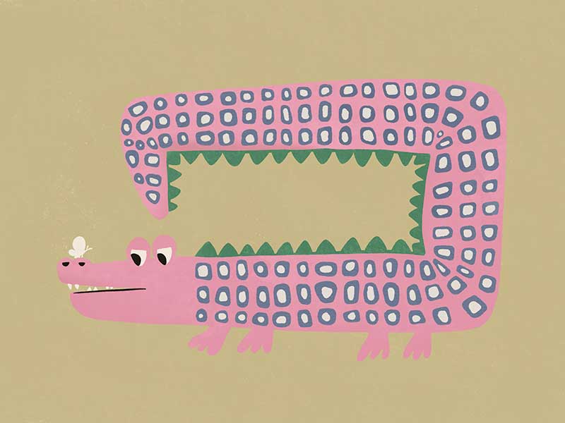 A quirky pink-dotted crocodile with a long rectangular body on a sage ground, from the Little Tails collection by Urban Road.