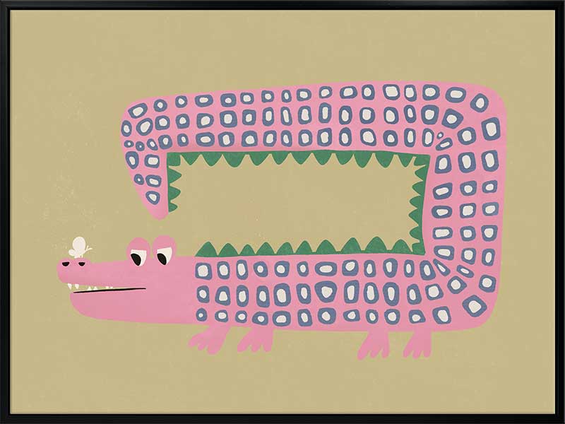 A quirky pink-dotted crocodile with a long rectangular body on a sage ground, from the Little Tails collection by Urban Road.