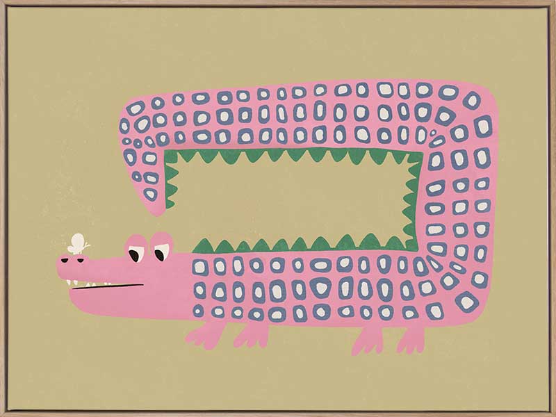 A quirky pink-dotted crocodile with a long rectangular body on a sage ground, from the Little Tails collection by Urban Road.