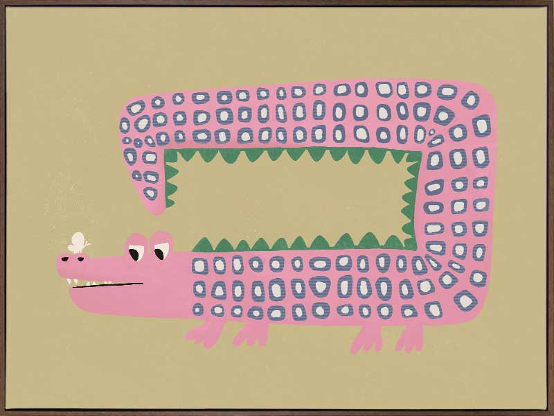 A quirky pink-dotted crocodile with a long rectangular body on a sage ground, from the Little Tails collection by Urban Road.