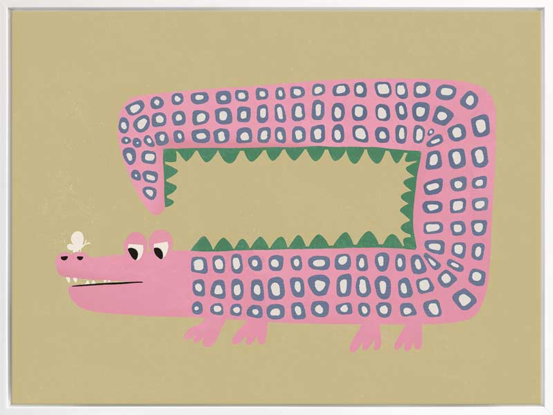 A quirky pink-dotted crocodile with a long rectangular body on a sage ground, from the Little Tails collection by Urban Road.