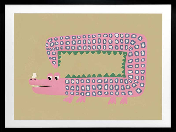 A quirky pink-dotted crocodile with a long rectangular body on a sage ground, from the Little Tails collection by Urban Road.