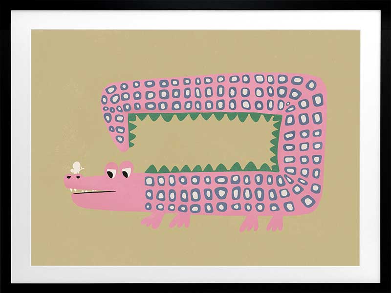 A quirky pink-dotted crocodile with a long rectangular body on a sage ground, from the Little Tails collection by Urban Road.