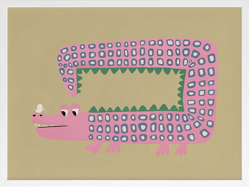 A quirky pink-dotted crocodile with a long rectangular body on a sage ground, from the Little Tails collection by Urban Road.