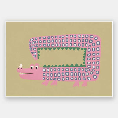 A quirky pink-dotted crocodile with a long rectangular body on a sage ground, from the Little Tails collection by Urban Road.