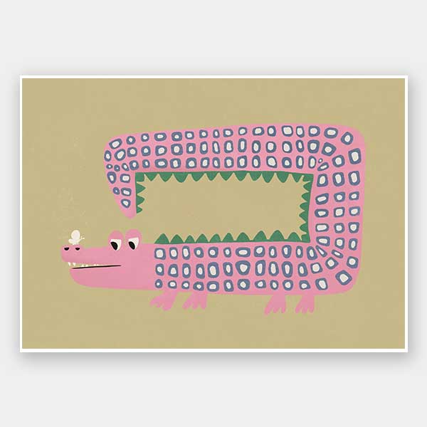 A quirky pink-dotted crocodile with a long rectangular body on a sage ground, from the Little Tails collection by Urban Road.