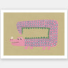 A quirky pink-dotted crocodile with a long rectangular body on a sage ground, from the Little Tails collection by Urban Road.