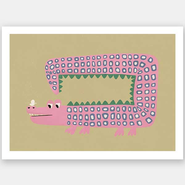 A quirky pink-dotted crocodile with a long rectangular body on a sage ground, from the Little Tails collection by Urban Road.