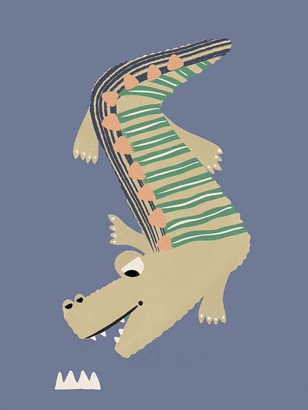 A cheerful crocodile in striped pyjamas floating on a blue background, from the Little Tails collection by Urban Road.