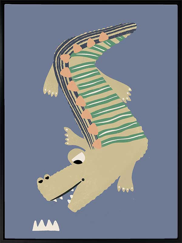 A cheerful crocodile in striped pyjamas floating on a blue background, from the Little Tails collection by Urban Road.
