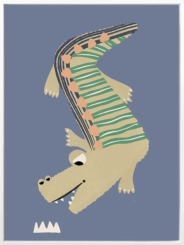 A cheerful crocodile in striped pyjamas floating on a blue background, from the Little Tails collection by Urban Road.