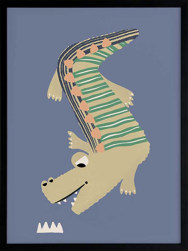 A cheerful crocodile in striped pyjamas floating on a blue background, from the Little Tails collection by Urban Road.