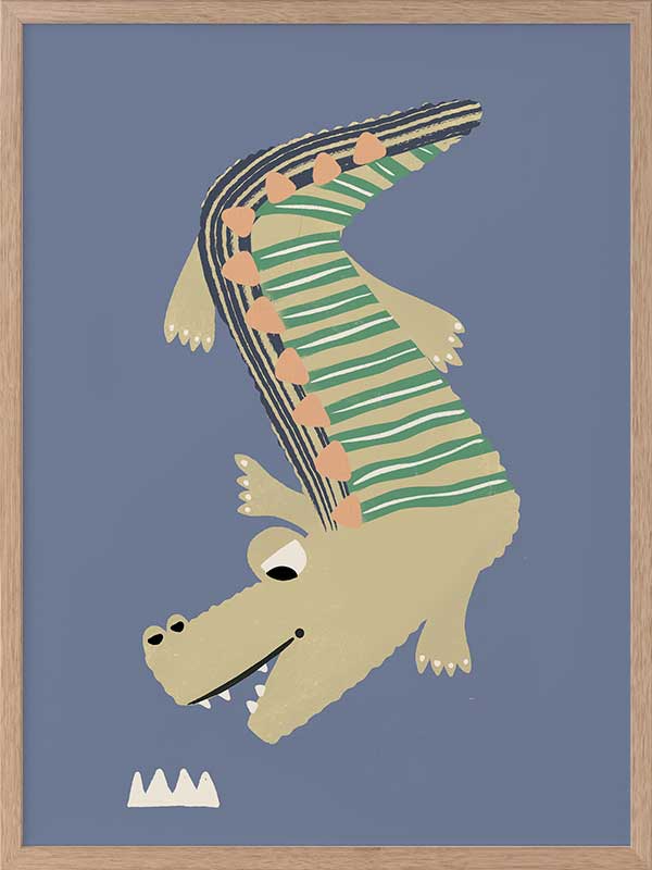 A cheerful crocodile in striped pyjamas floating on a blue background, from the Little Tails collection by Urban Road.