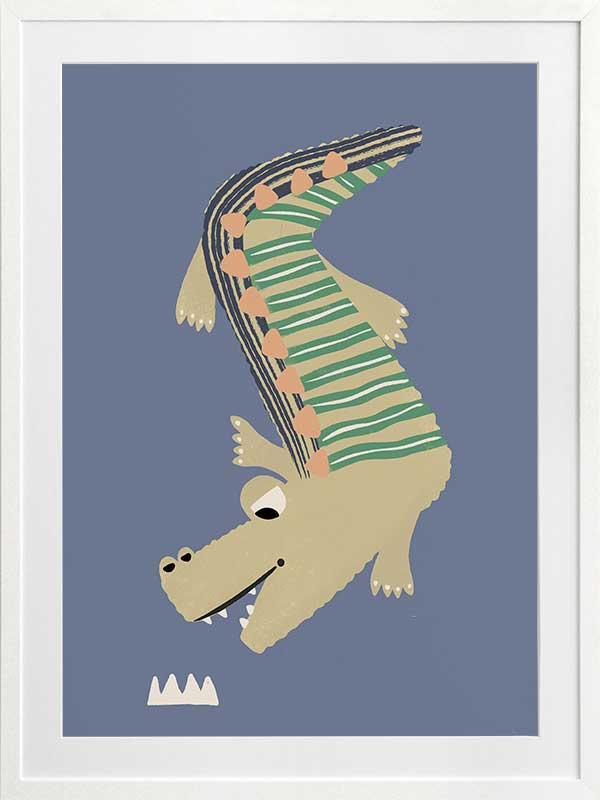 A cheerful crocodile in striped pyjamas floating on a blue background, from the Little Tails collection by Urban Road.