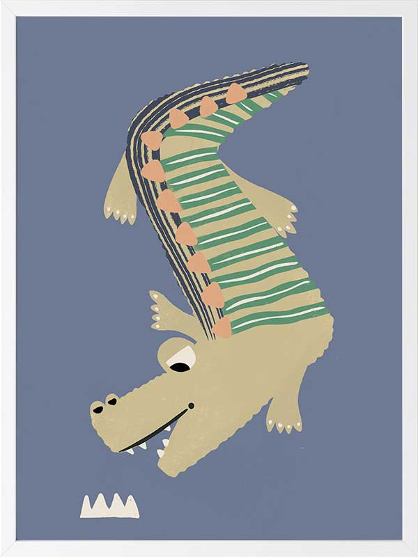 A cheerful crocodile in striped pyjamas floating on a blue background, from the Little Tails collection by Urban Road.