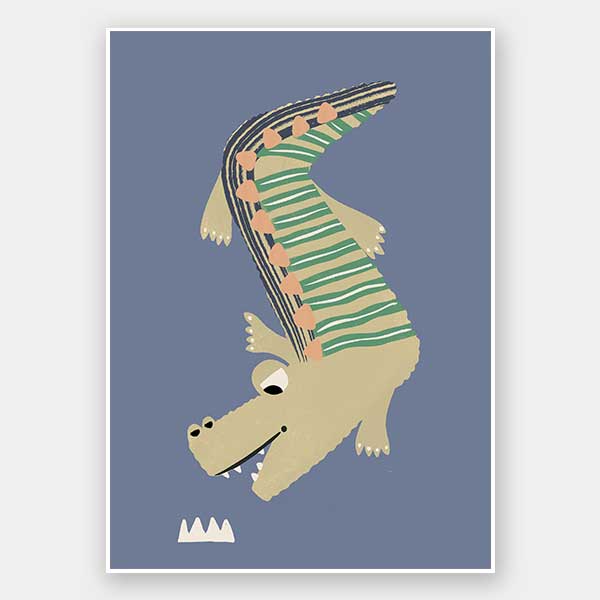 A cheerful crocodile in striped pyjamas floating on a blue background, from the Little Tails collection by Urban Road.