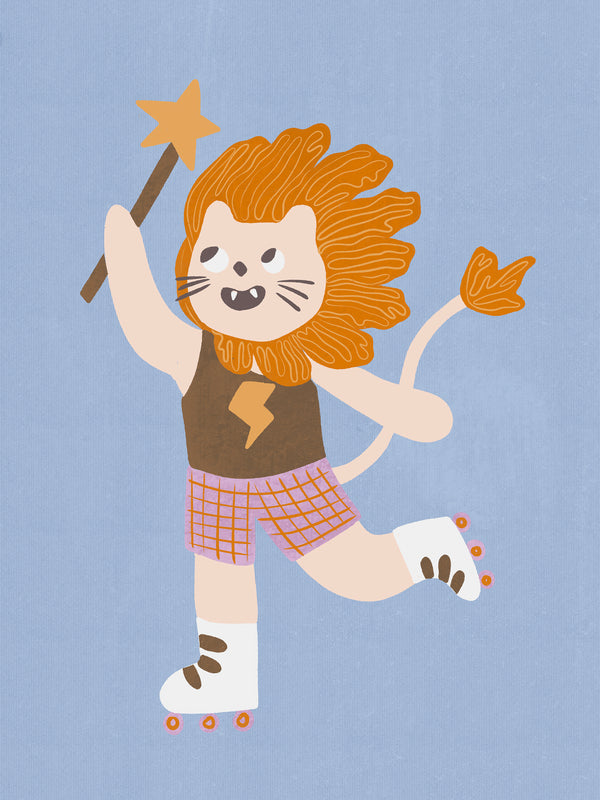 A roller-skating lion waving a magic wand on light blue, from the Little Tails collection by Urban Road.