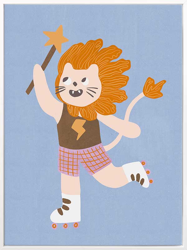 A roller-skating lion waving a magic wand on light blue, from the Little Tails collection by Urban Road.