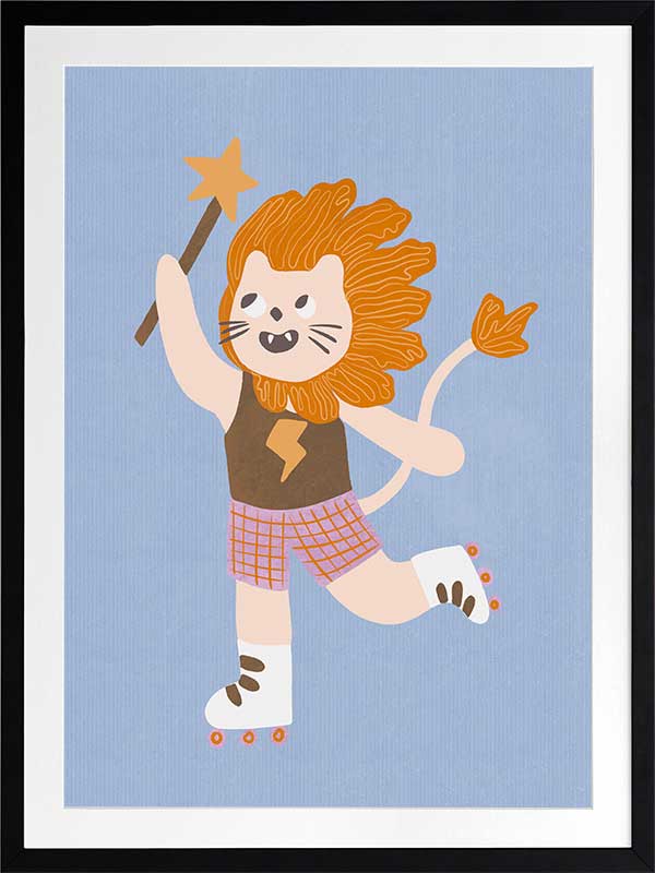 A roller-skating lion waving a magic wand on light blue, from the Little Tails collection by Urban Road.