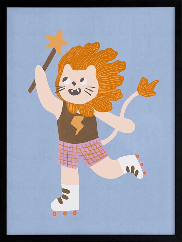 A roller-skating lion waving a magic wand on light blue, from the Little Tails collection by Urban Road.