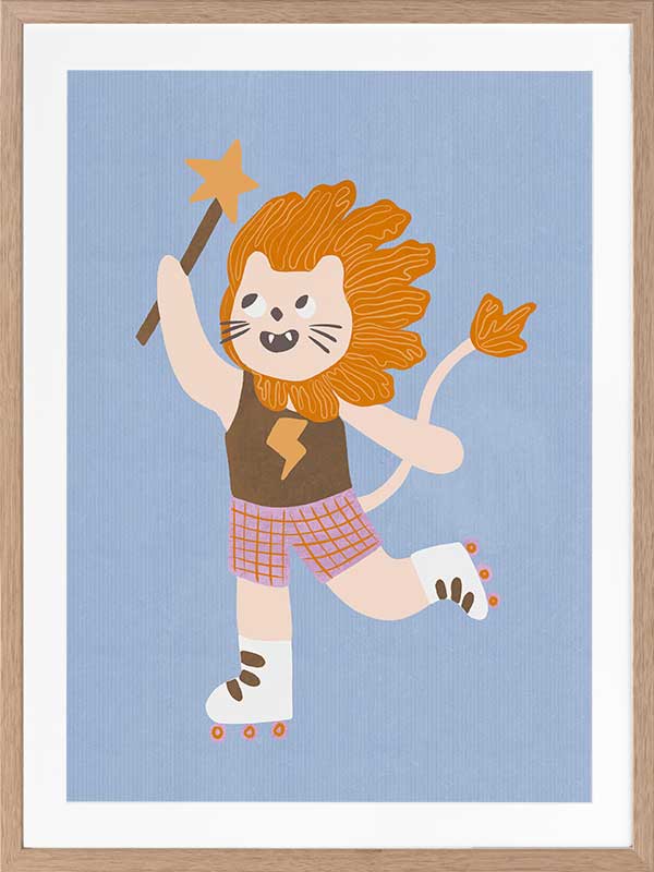 A roller-skating lion waving a magic wand on light blue, from the Little Tails collection by Urban Road.