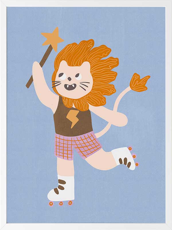A roller-skating lion waving a magic wand on light blue, from the Little Tails collection by Urban Road.