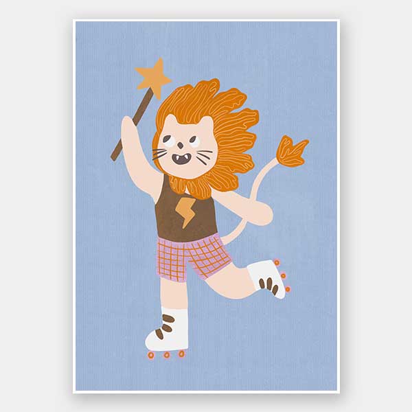 A roller-skating lion waving a magic wand on light blue, from the Little Tails collection by Urban Road.