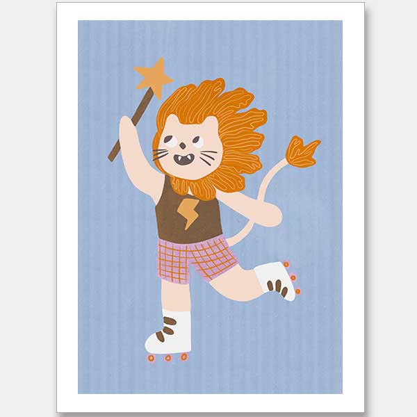 A roller-skating lion waving a magic wand on light blue, from the Little Tails collection by Urban Road.