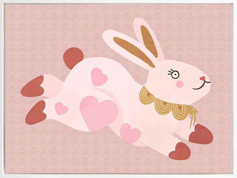 A leaping pink bunny sprinkled with heart patches on a textured blush ground, from the Little Tails collection by Urban Road.