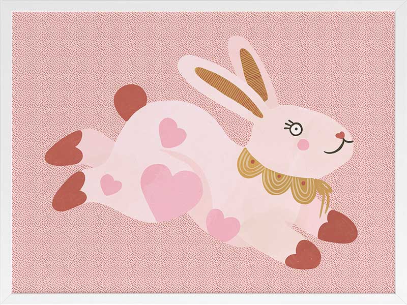 A leaping pink bunny sprinkled with heart patches on a textured blush ground, from the Little Tails collection by Urban Road.