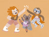 Three furry friends in retro outfits high-fiving on skates against a warm peach background, from the Little Tails collection by Urban Road.
