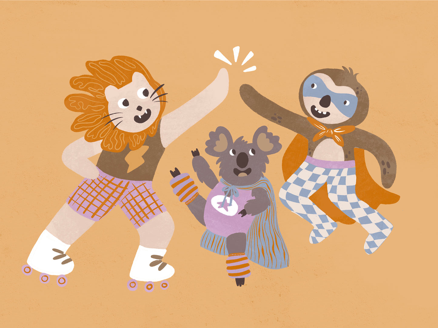 Three furry friends in retro outfits high-fiving on skates against a warm peach background, from the Little Tails collection by Urban Road.