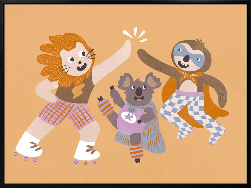 Three furry friends in retro outfits high-fiving on skates against a warm peach background, from the Little Tails collection by Urban Road.