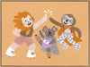 Three furry friends in retro outfits high-fiving on skates against a warm peach background, from the Little Tails collection by Urban Road.