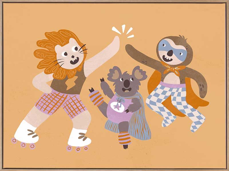 Three furry friends in retro outfits high-fiving on skates against a warm peach background, from the Little Tails collection by Urban Road.