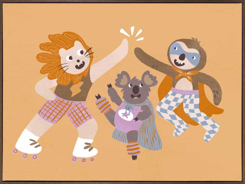 Three furry friends in retro outfits high-fiving on skates against a warm peach background, from the Little Tails collection by Urban Road.