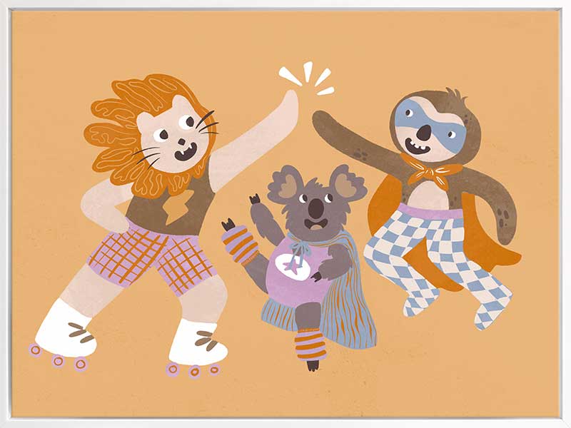 Three furry friends in retro outfits high-fiving on skates against a warm peach background, from the Little Tails collection by Urban Road.