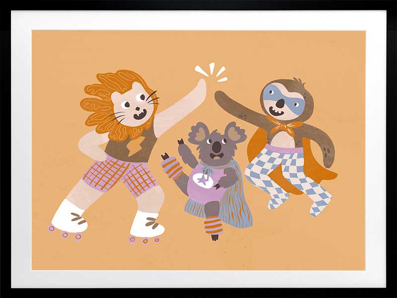 Three furry friends in retro outfits high-fiving on skates against a warm peach background, from the Little Tails collection by Urban Road.