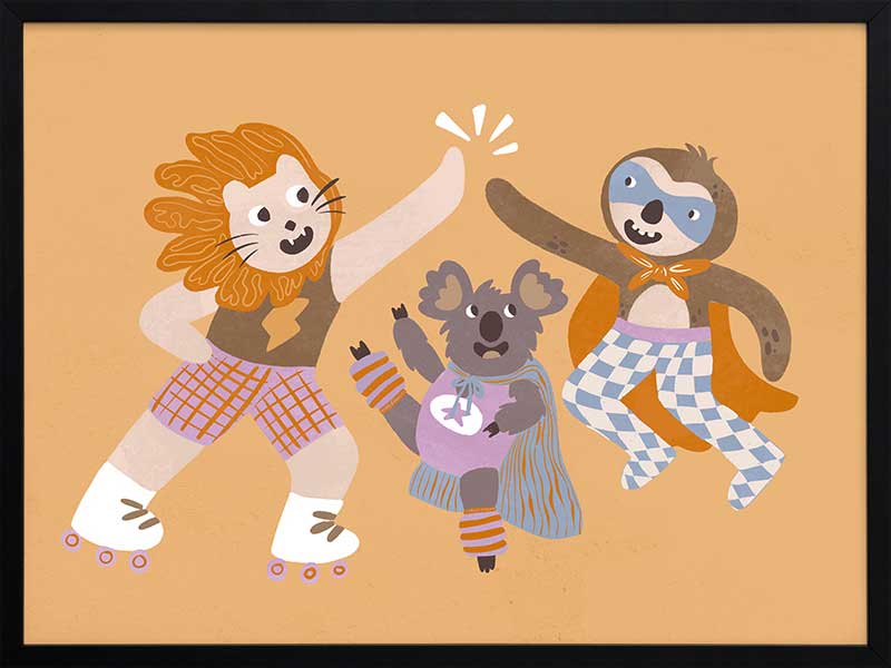Three furry friends in retro outfits high-fiving on skates against a warm peach background, from the Little Tails collection by Urban Road.